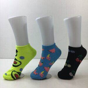 Womens Ankle Socks Set 3 Avocado Banana Cherry Print Green Blue Black Pink Gray